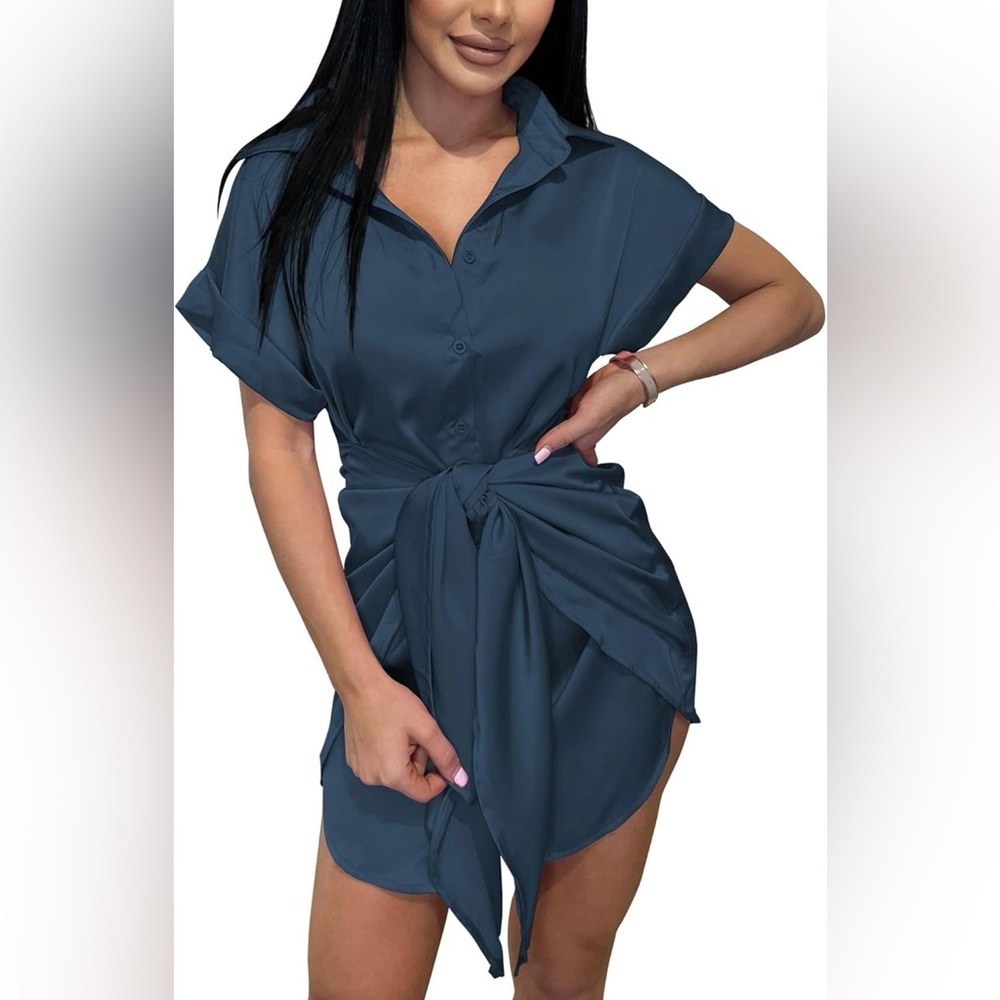 Women’s button down satin short sleeve shirt dress